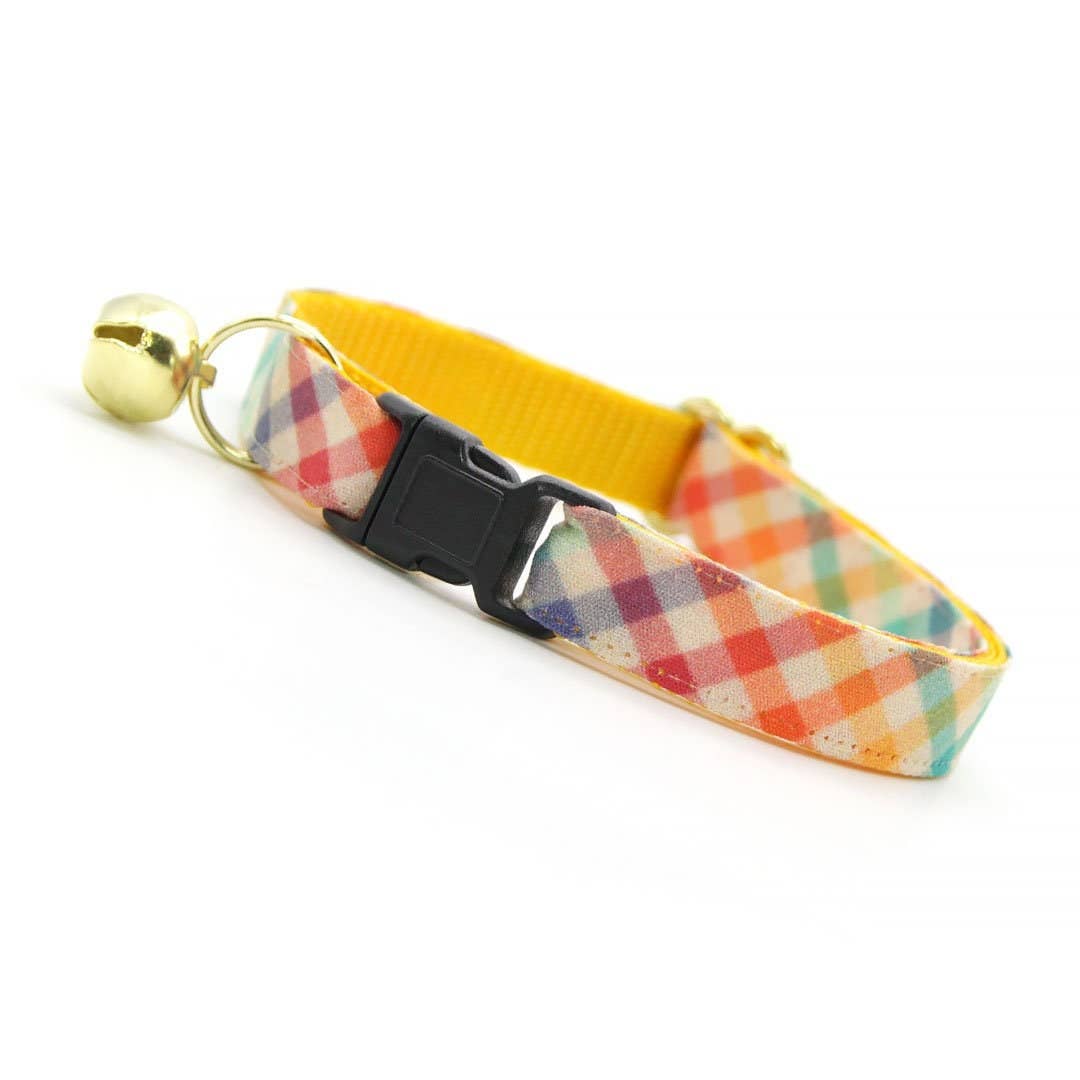 Made By Cleo - "Golden Hour" - Rainbow Plaid Cat Collar Adult Cat (8-13)